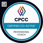 A badge that says cpcc certified co-active professional coach.